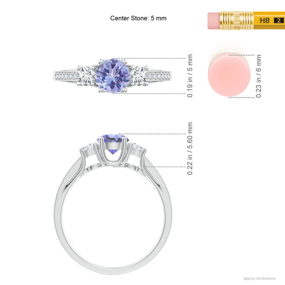 5mm AA Classic Prong Set Round Tanzanite and Diamond Three Stone Ring in White Gold ruler