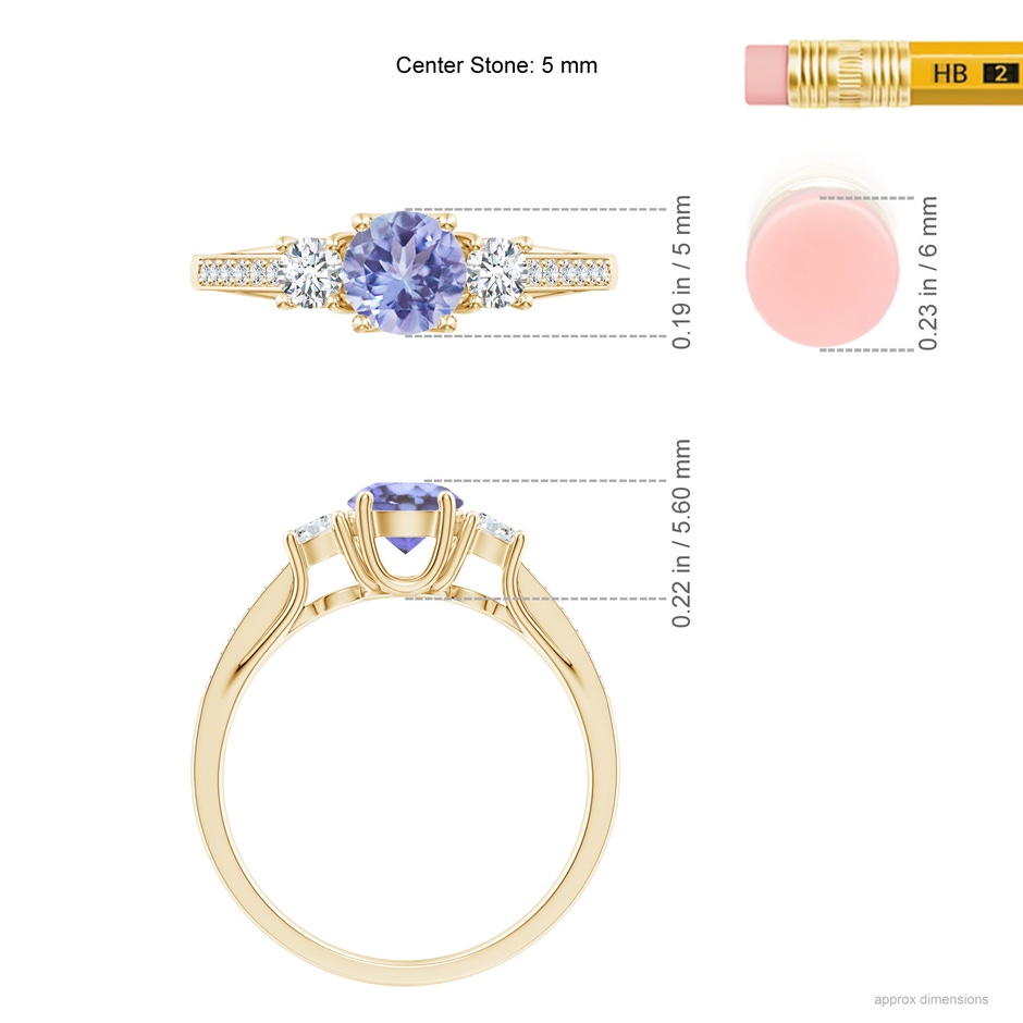 5mm AA Classic Prong Set Round Tanzanite and Diamond Three Stone Ring in Yellow Gold ruler