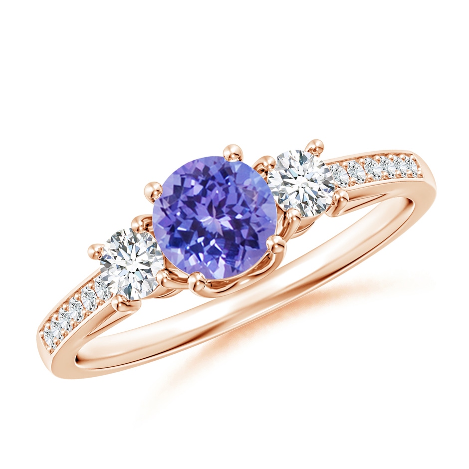 5mm AAA Classic Prong Set Round Tanzanite and Diamond Three Stone Ring in 9K Rose Gold 