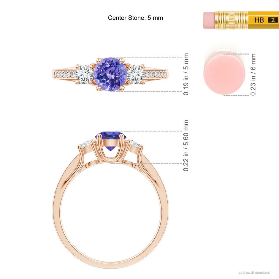 5mm AAA Classic Prong Set Round Tanzanite and Diamond Three Stone Ring in 9K Rose Gold ruler
