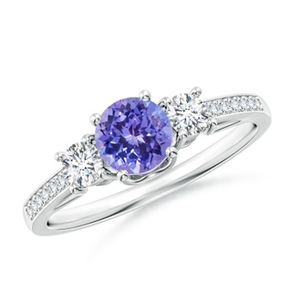 5mm AAA Classic Prong Set Round Tanzanite and Diamond Three Stone Ring in 9K White Gold