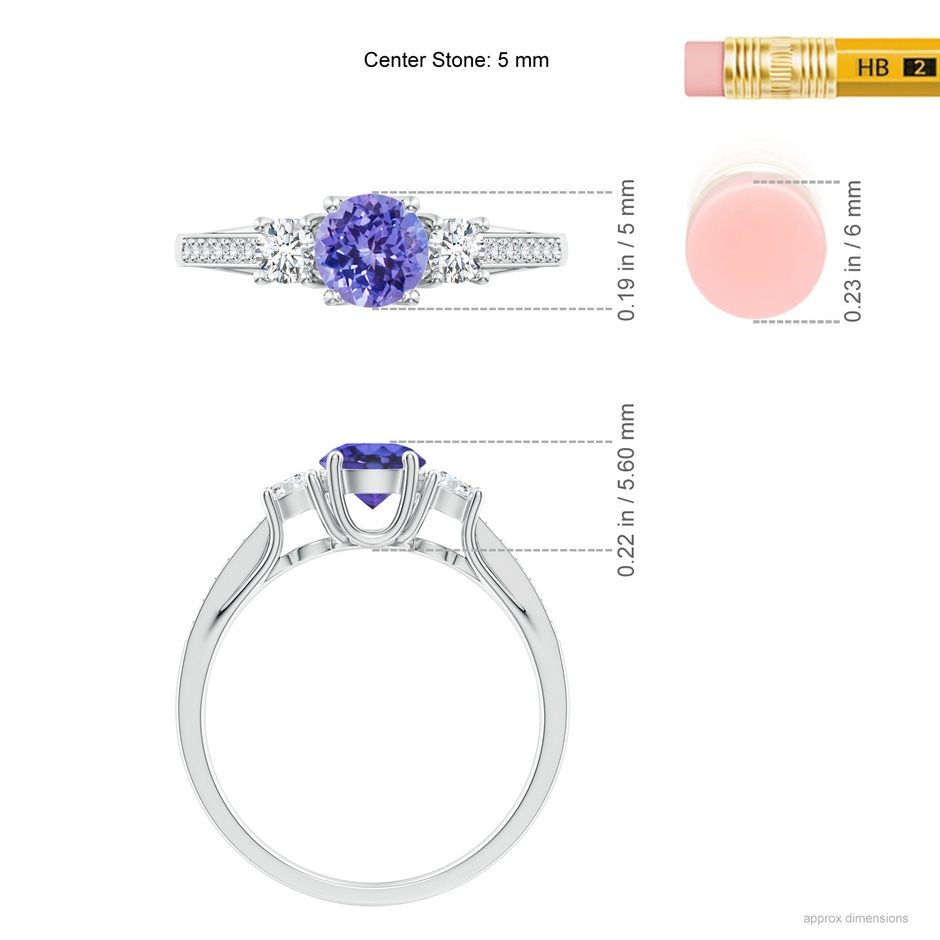 5mm AAA Classic Prong Set Round Tanzanite and Diamond Three Stone Ring in P950 Platinum ruler