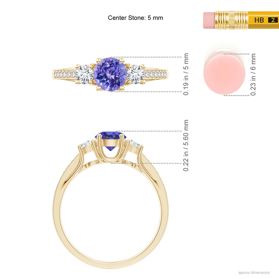 5mm AAA Classic Prong Set Round Tanzanite and Diamond Three Stone Ring in Yellow Gold ruler