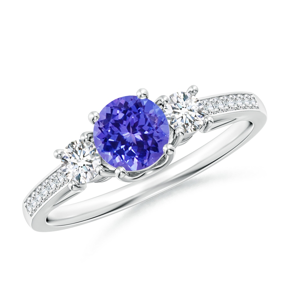 5mm AAAA Classic Prong Set Round Tanzanite and Diamond Three Stone Ring in P950 Platinum 