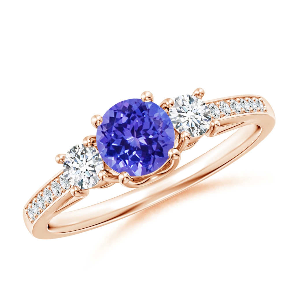 5mm AAAA Classic Prong Set Round Tanzanite and Diamond Three Stone Ring in Rose Gold