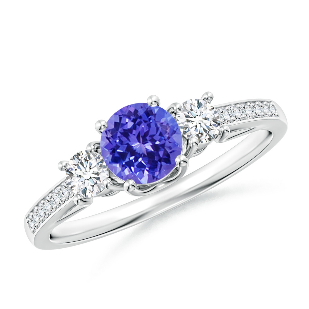 5mm AAAA Classic Prong Set Round Tanzanite and Diamond Three Stone Ring in White Gold