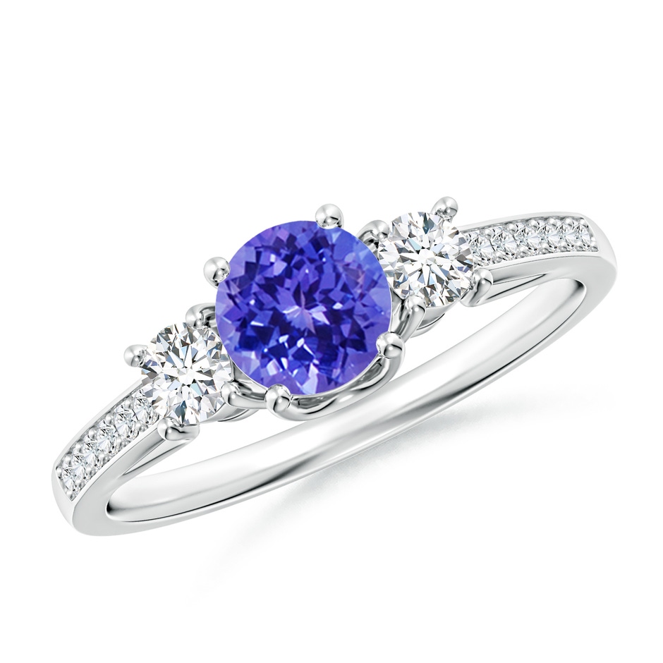 5mm AAAA Classic Prong Set Round Tanzanite and Diamond Three Stone Ring in White Gold 