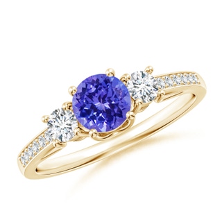 5mm AAAA Classic Prong Set Round Tanzanite and Diamond Three Stone Ring in Yellow Gold