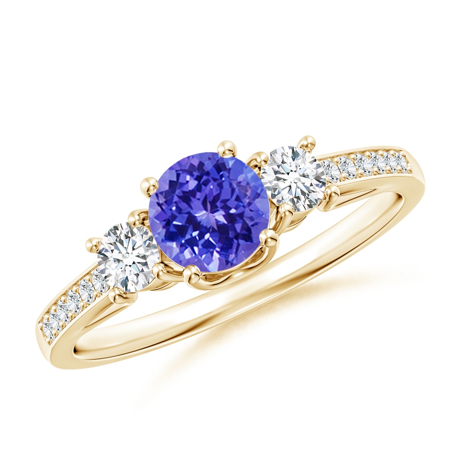 5mm AAAA Classic Prong Set Round Tanzanite and Diamond Three Stone Ring in Yellow Gold 