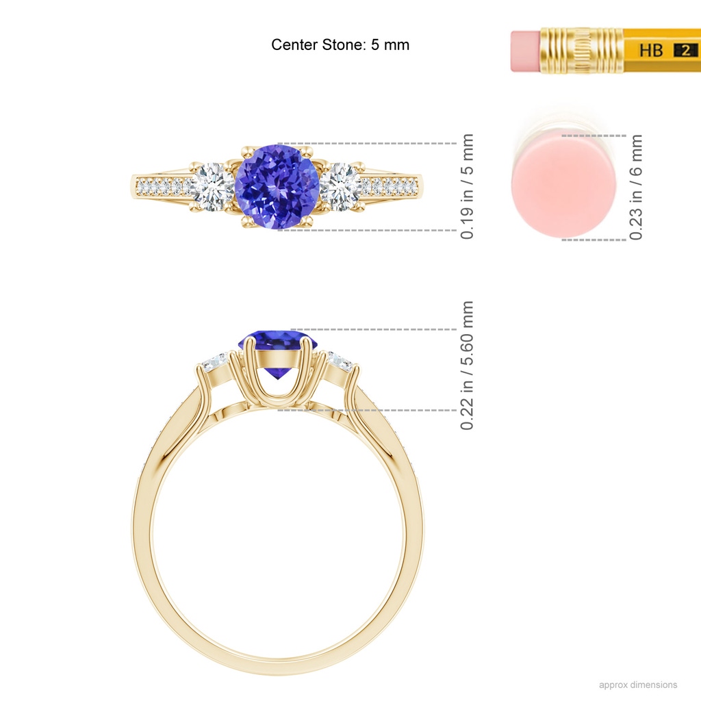 5mm AAAA Classic Prong Set Round Tanzanite and Diamond Three Stone Ring in Yellow Gold ruler