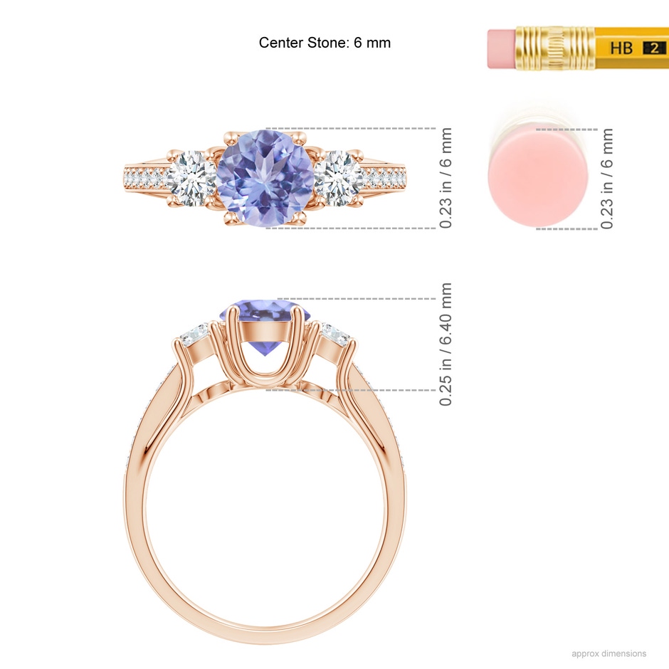 6mm A Classic Prong Set Round Tanzanite and Diamond Three Stone Ring in Rose Gold ruler