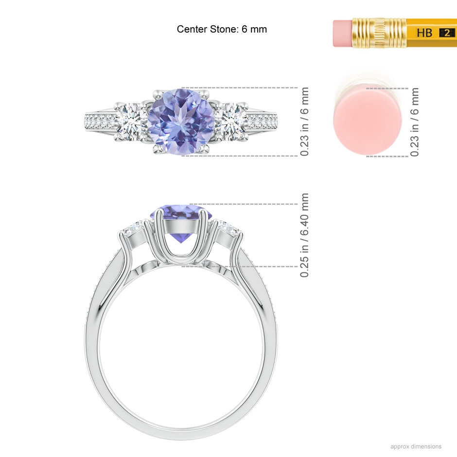 6mm A Classic Prong Set Round Tanzanite and Diamond Three Stone Ring in White Gold ruler