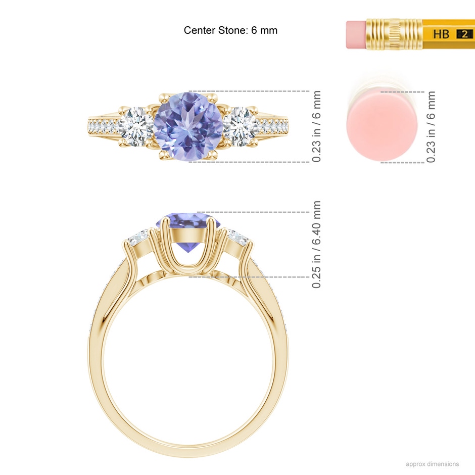 6mm A Classic Prong Set Round Tanzanite and Diamond Three Stone Ring in Yellow Gold ruler