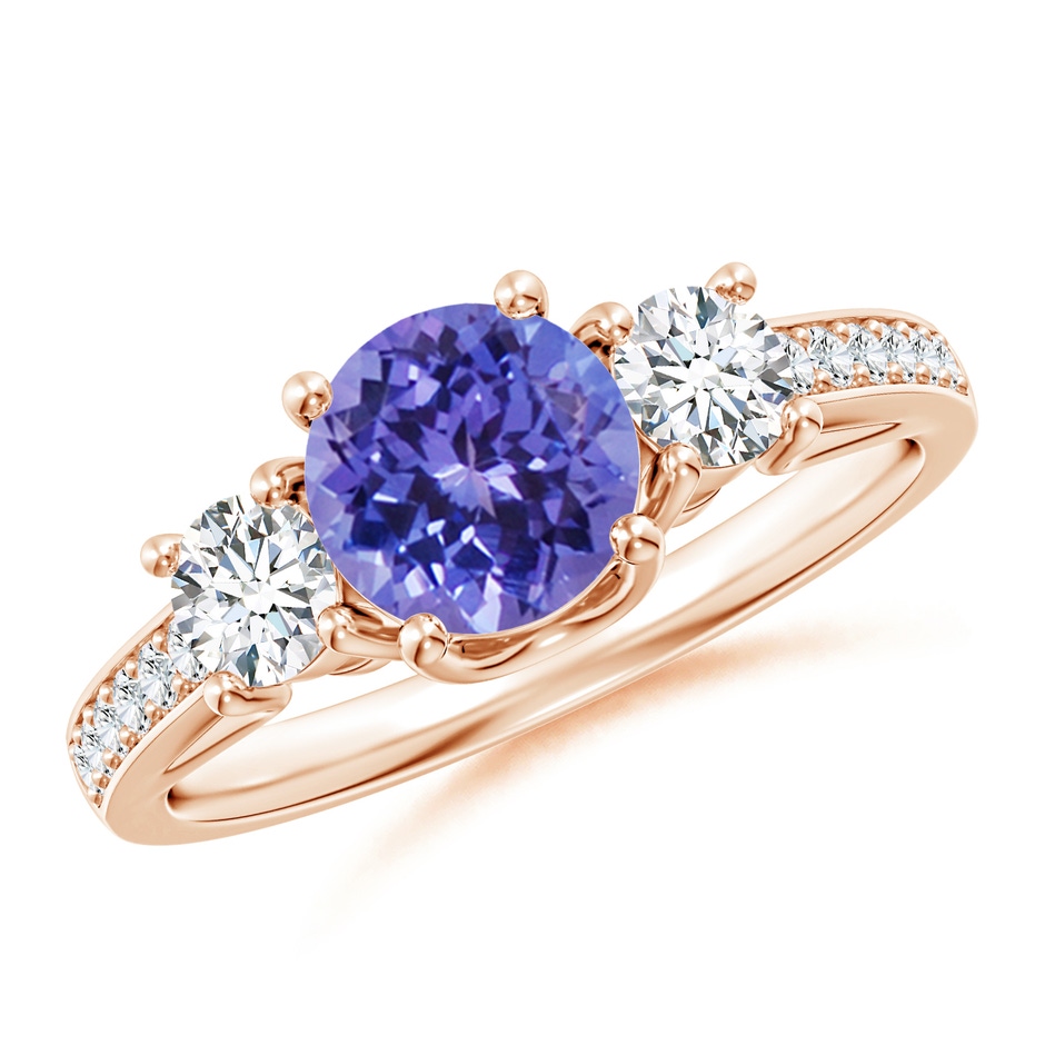 6mm AA Classic Prong Set Round Tanzanite and Diamond Three Stone Ring in Rose Gold 