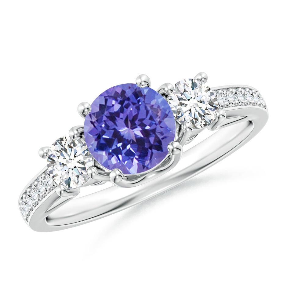 6mm AA Classic Prong Set Round Tanzanite and Diamond Three Stone Ring in White Gold 