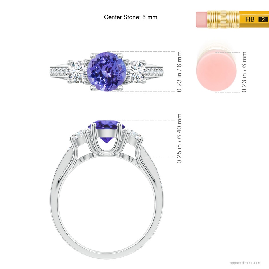 6mm AA Classic Prong Set Round Tanzanite and Diamond Three Stone Ring in White Gold ruler