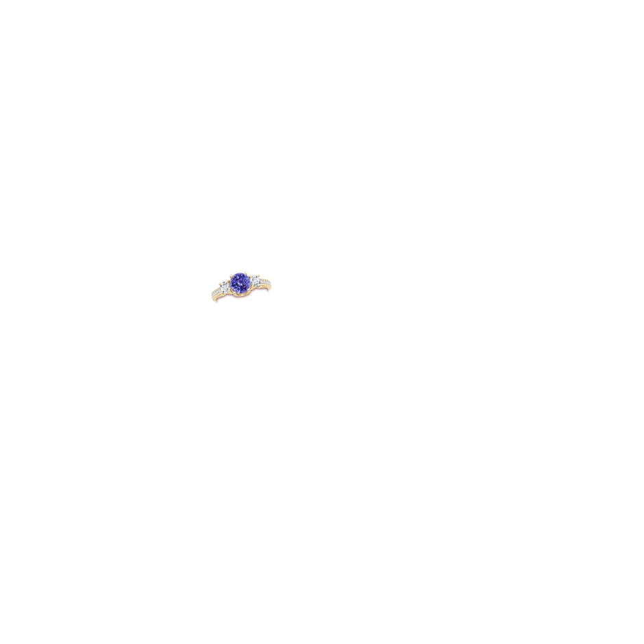 6mm AA Classic Prong Set Round Tanzanite and Diamond Three Stone Ring in Yellow Gold hand
