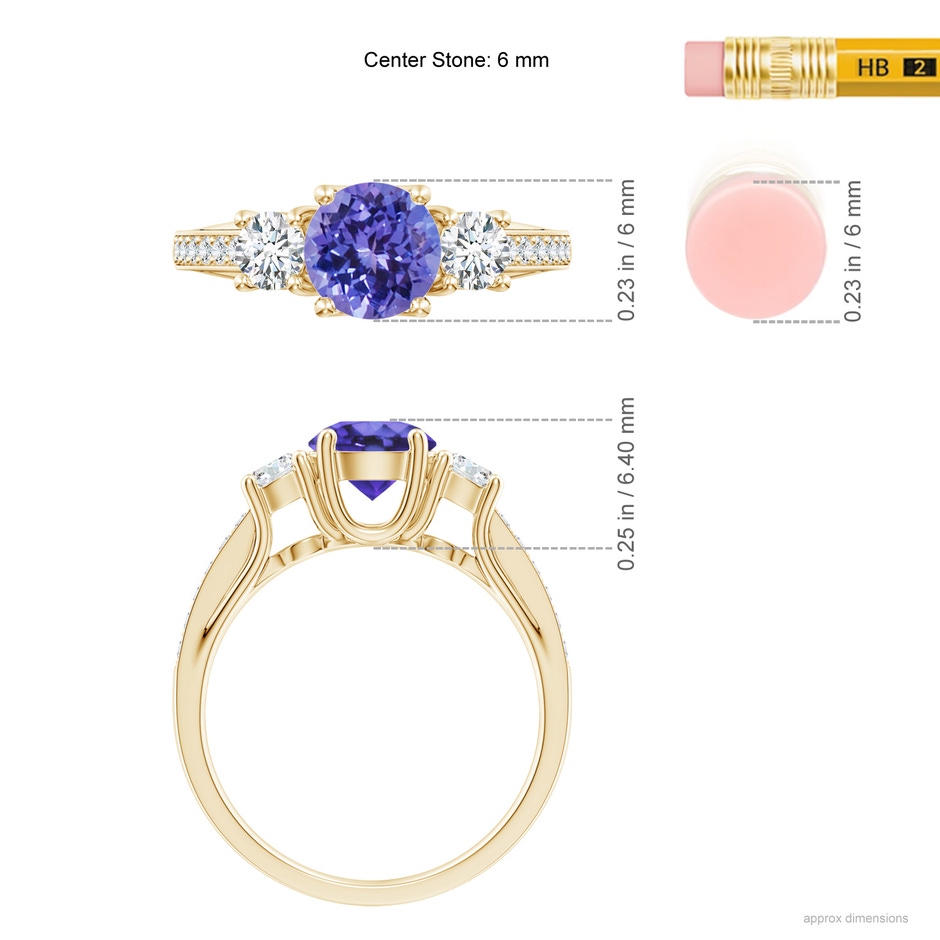 6mm AA Classic Prong Set Round Tanzanite and Diamond Three Stone Ring in Yellow Gold ruler