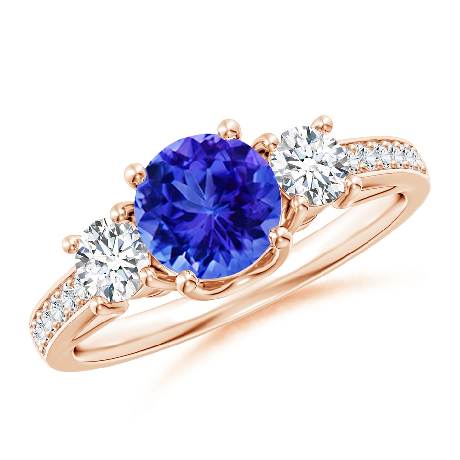 6mm AAA Classic Prong Set Round Tanzanite and Diamond Three Stone Ring in Rose Gold 