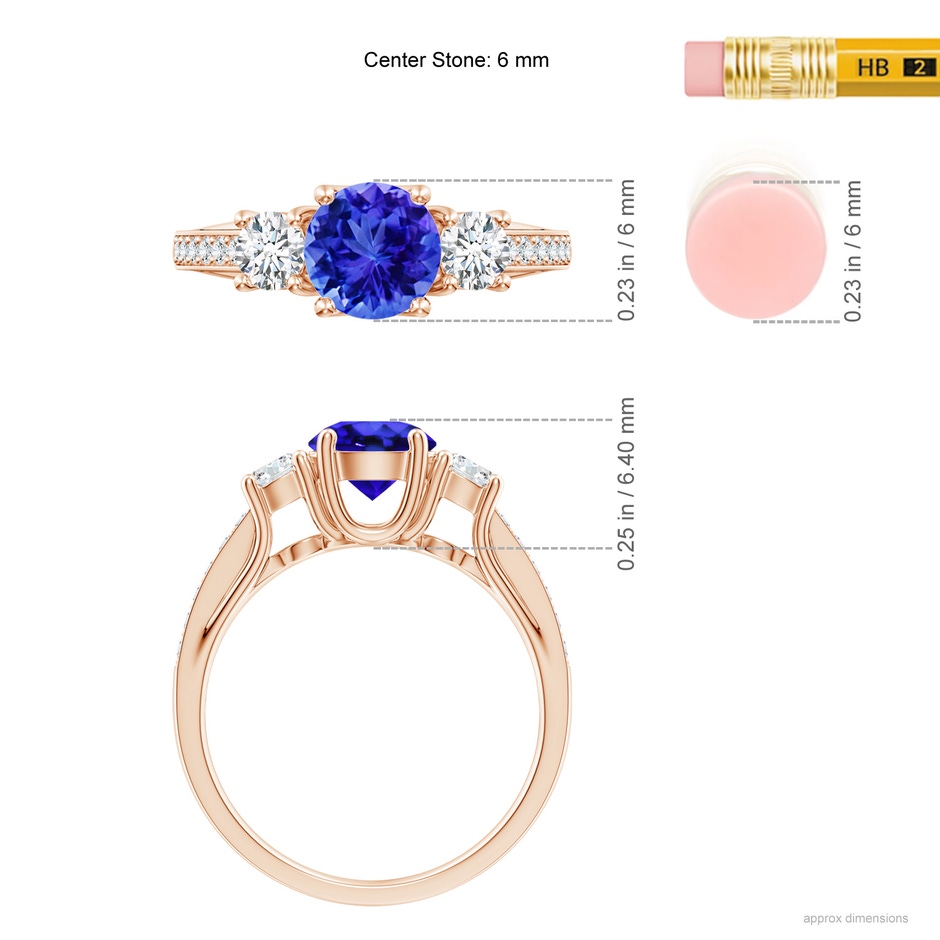 6mm AAA Classic Prong Set Round Tanzanite and Diamond Three Stone Ring in Rose Gold ruler