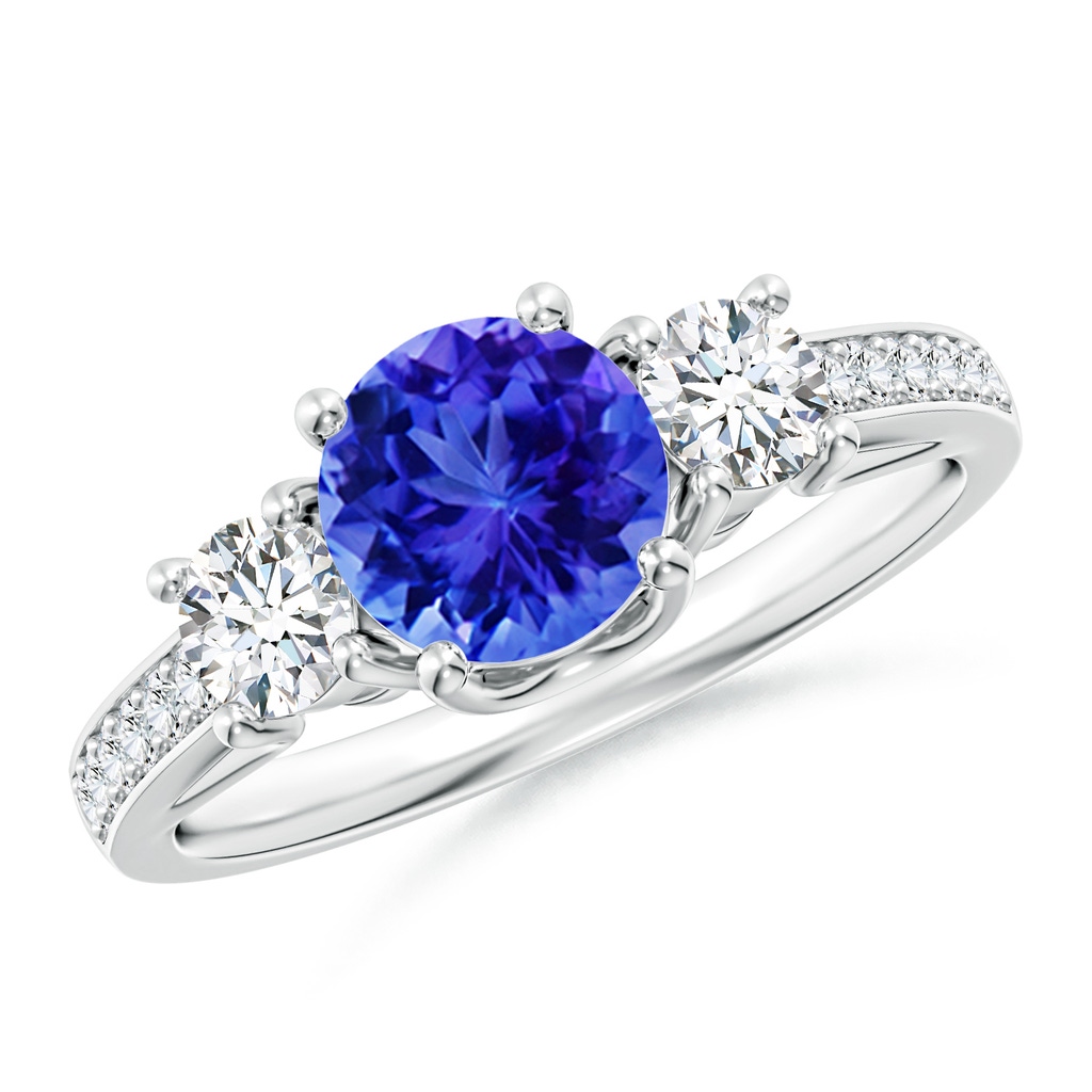6mm AAA Classic Prong Set Round Tanzanite and Diamond Three Stone Ring in White Gold