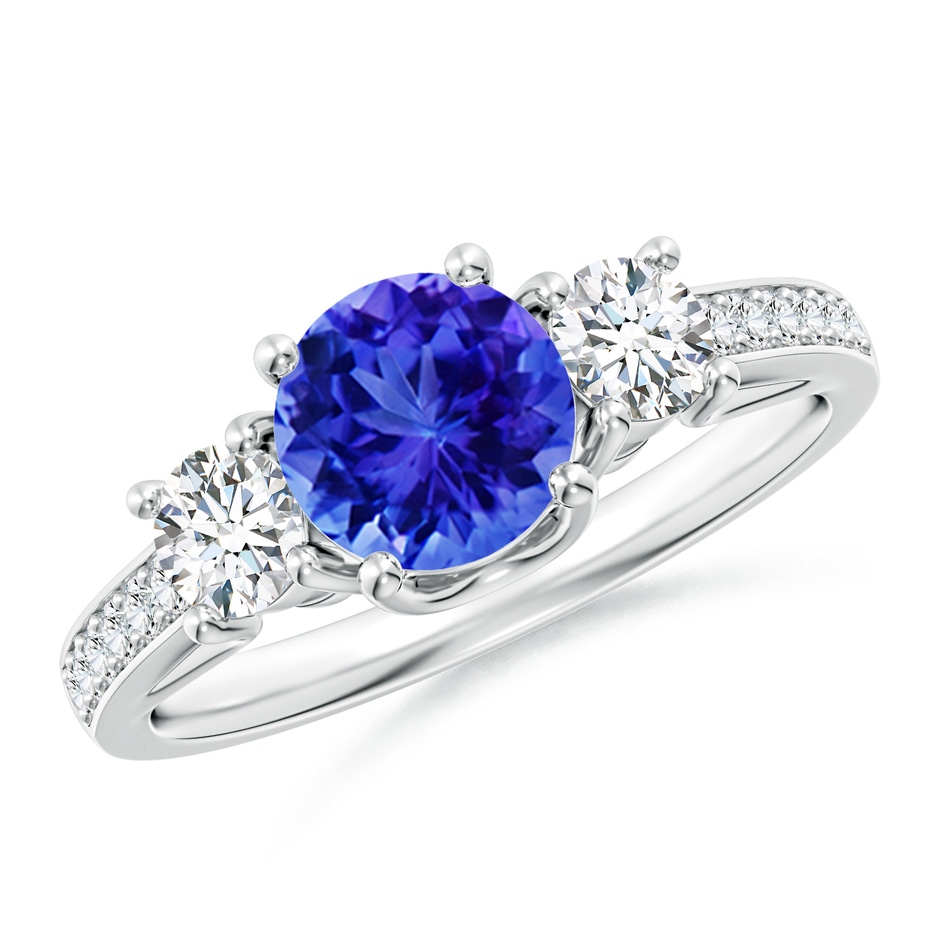 6mm AAA Classic Prong Set Round Tanzanite and Diamond Three Stone Ring in White Gold 