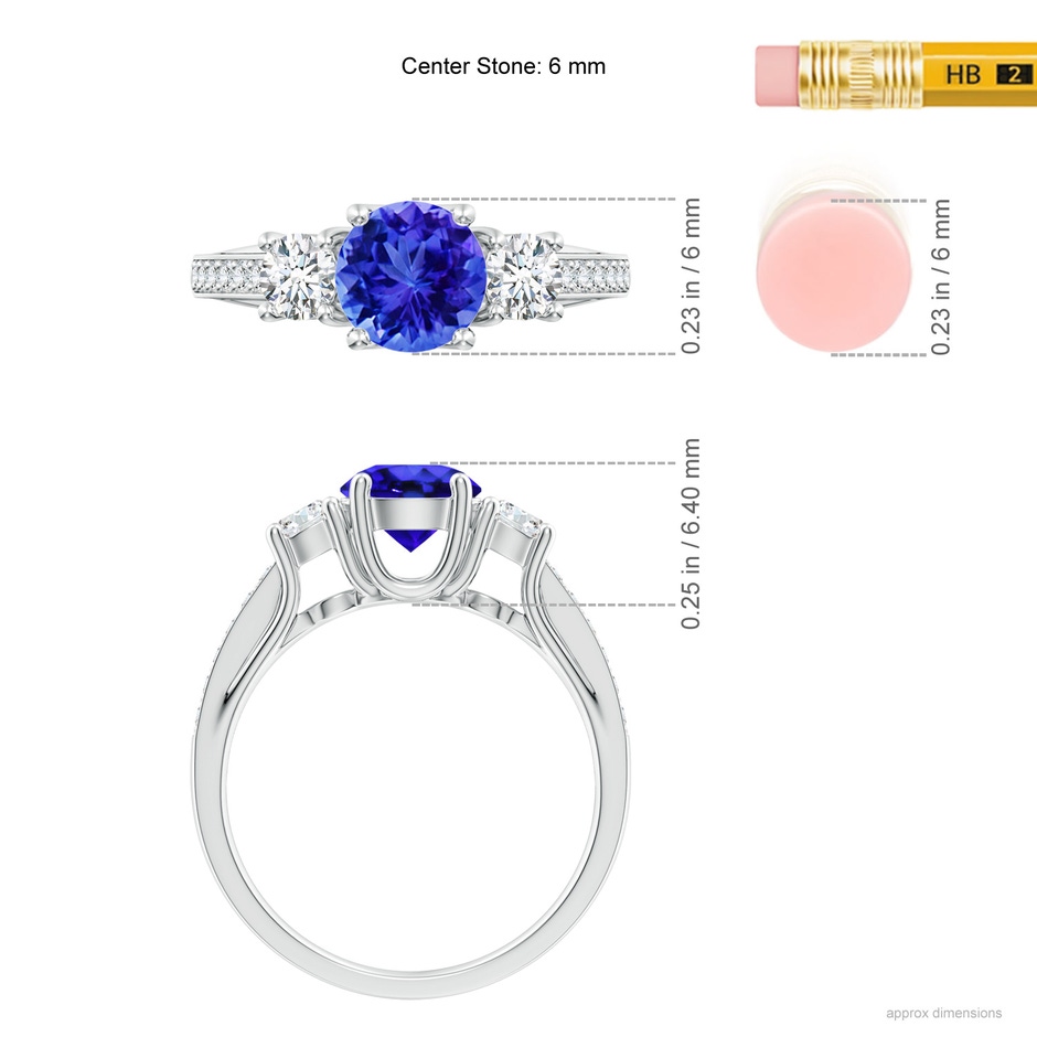 6mm AAA Classic Prong Set Round Tanzanite and Diamond Three Stone Ring in White Gold ruler