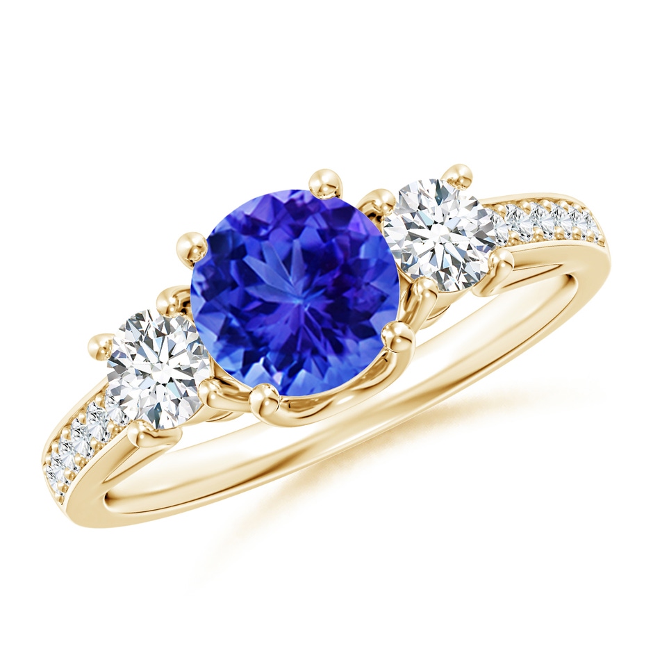 6mm AAA Classic Prong Set Round Tanzanite and Diamond Three Stone Ring in Yellow Gold 