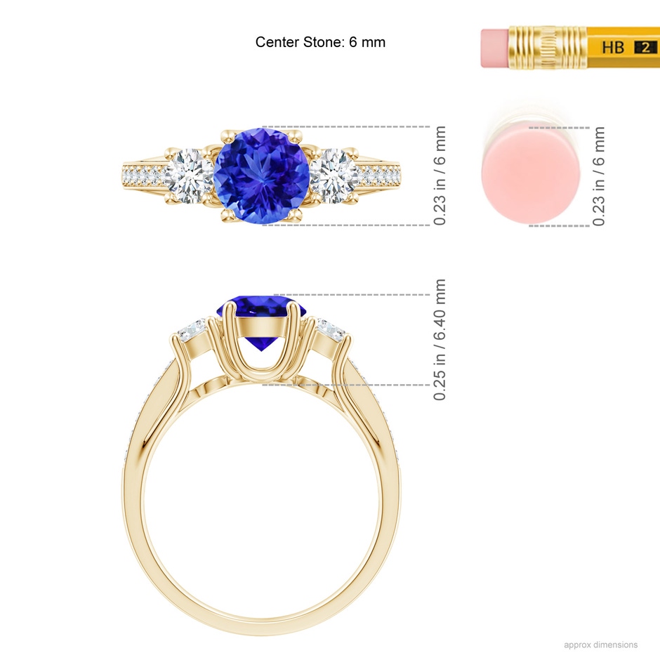 6mm AAA Classic Prong Set Round Tanzanite and Diamond Three Stone Ring in Yellow Gold ruler