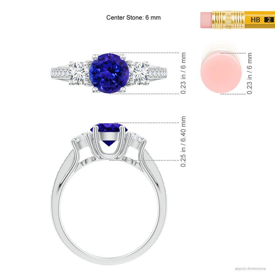 6mm AAAA Classic Prong Set Round Tanzanite and Diamond Three Stone Ring in P950 Platinum ruler