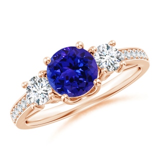 6mm AAAA Classic Prong Set Round Tanzanite and Diamond Three Stone Ring in Rose Gold