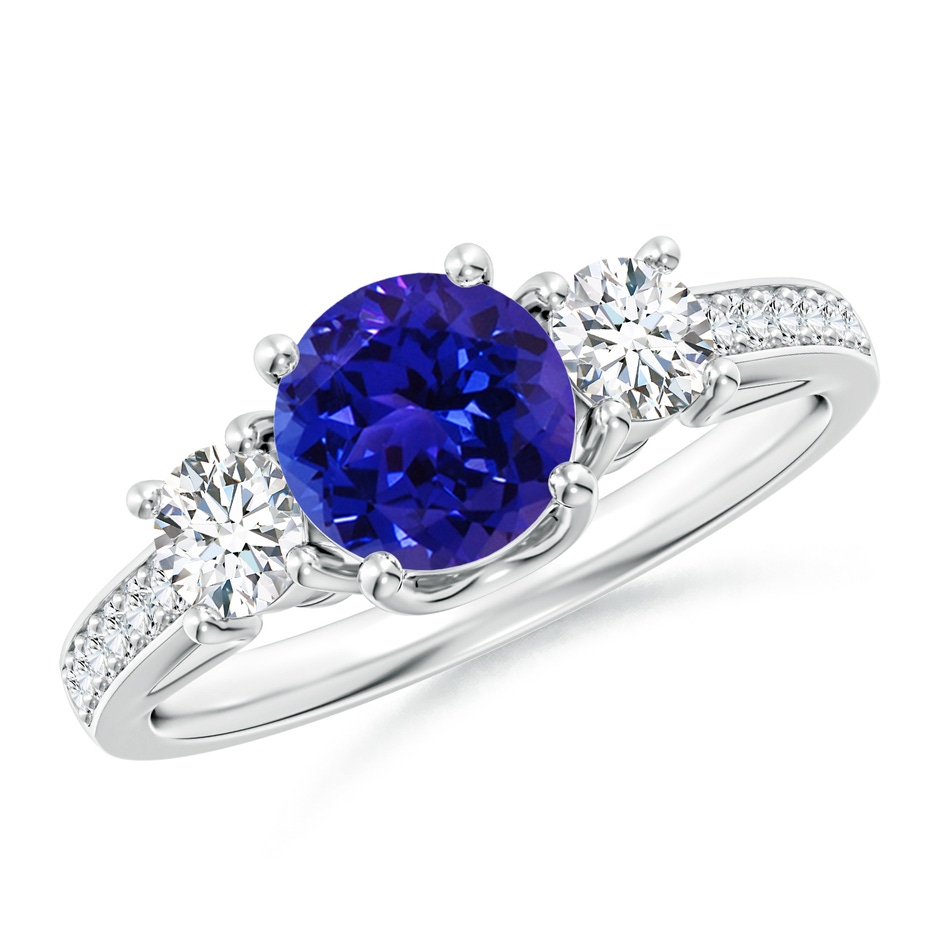 6mm AAAA Classic Prong Set Round Tanzanite and Diamond Three Stone Ring in White Gold 