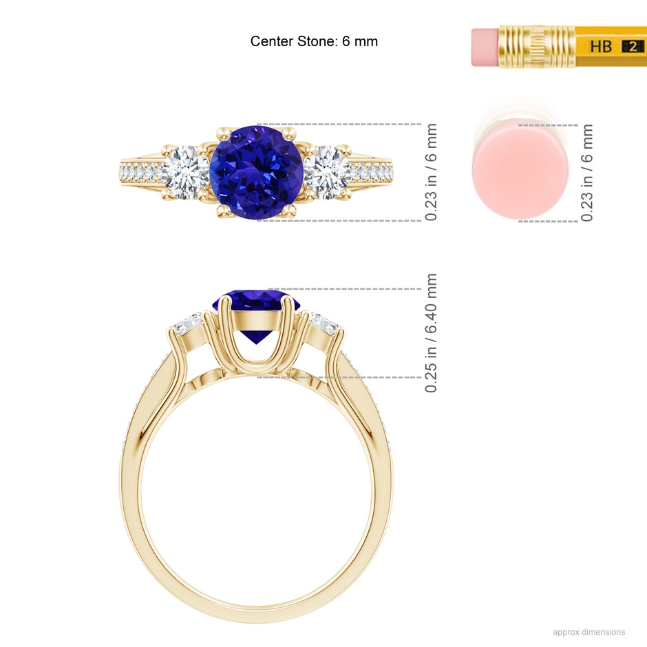 6mm AAAA Classic Prong Set Round Tanzanite and Diamond Three Stone Ring in Yellow Gold ruler