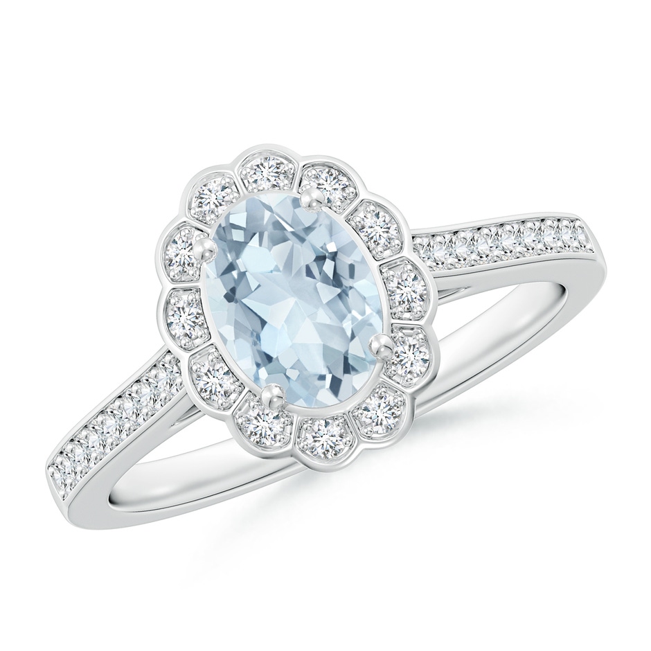 7x5mm A Vintage Style Aquamarine & Diamond Scalloped Halo Ring in White Gold 