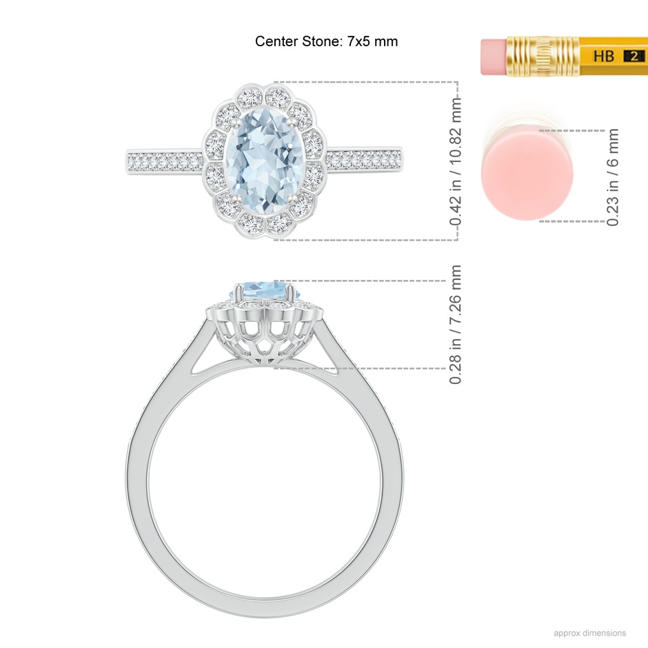 7x5mm A Vintage Style Aquamarine & Diamond Scalloped Halo Ring in White Gold ruler