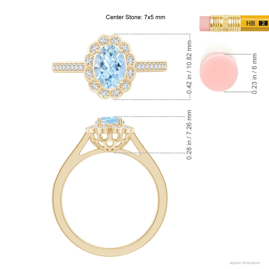 7x5mm AAA Vintage Style Aquamarine & Diamond Scalloped Halo Ring in Yellow Gold ruler