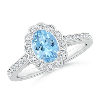 7x5mm AAAA Vintage Style Aquamarine & Diamond Scalloped Halo Ring in White Gold