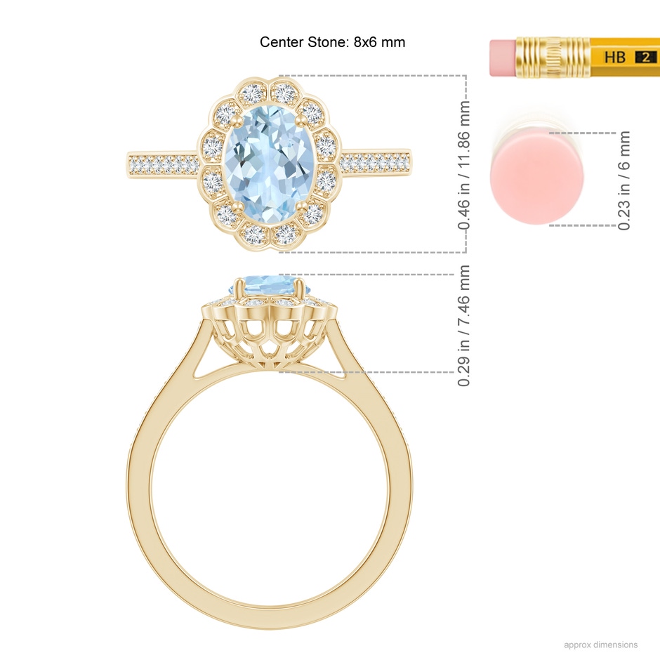 8x6mm AA Vintage Style Aquamarine & Diamond Scalloped Halo Ring in Yellow Gold ruler