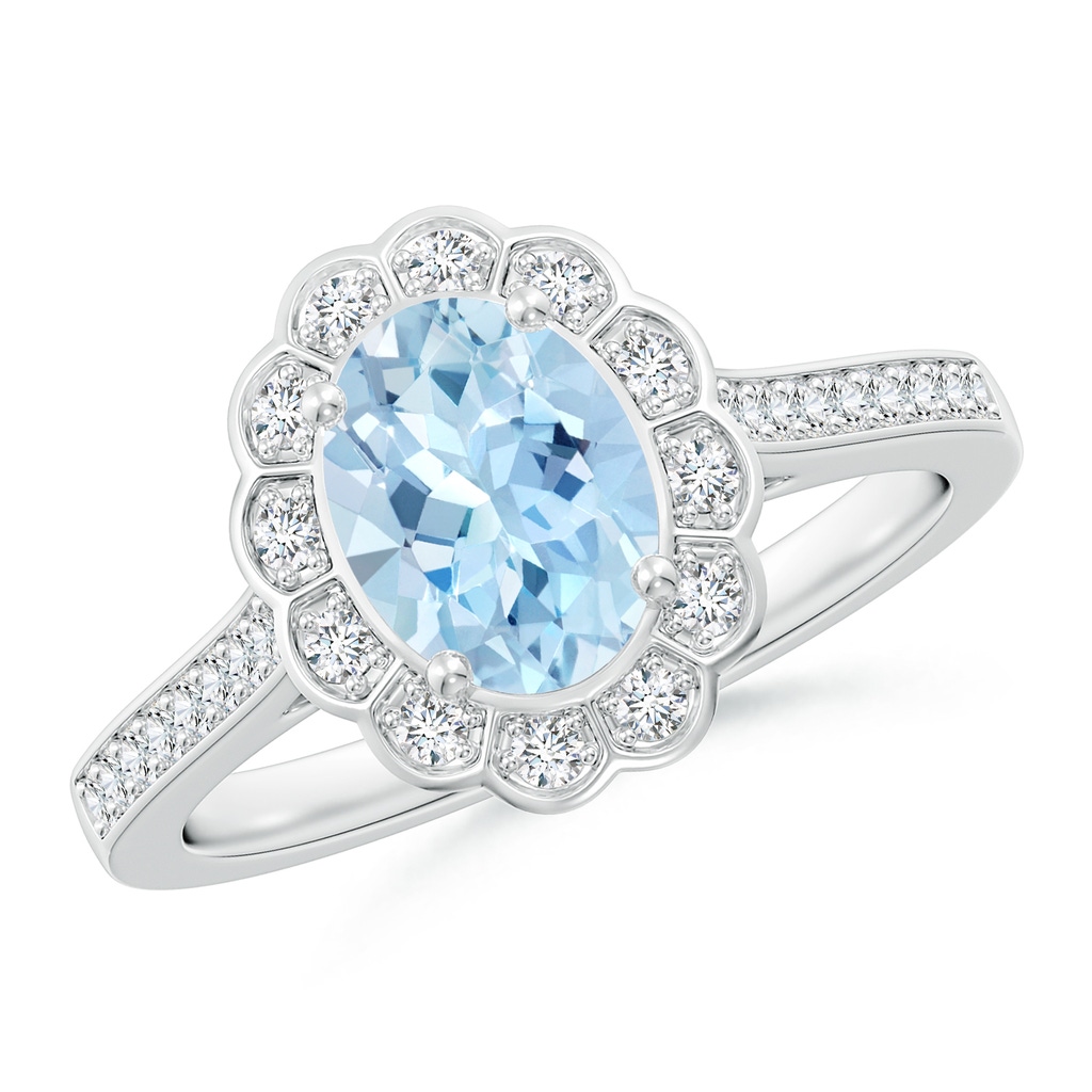 8x6mm AAA Vintage Style Aquamarine & Diamond Scalloped Halo Ring in White Gold