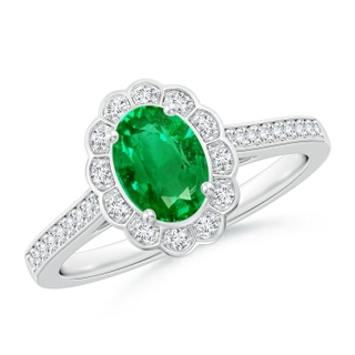 7x5mm AAA Vintage Style Emerald & Diamond Scalloped Halo Ring in White Gold