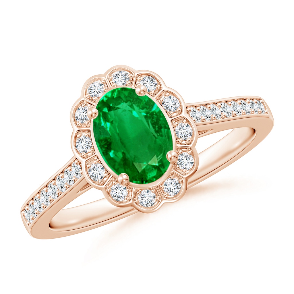 7x5mm AAAA Vintage Style Emerald & Diamond Scalloped Halo Ring in Rose Gold