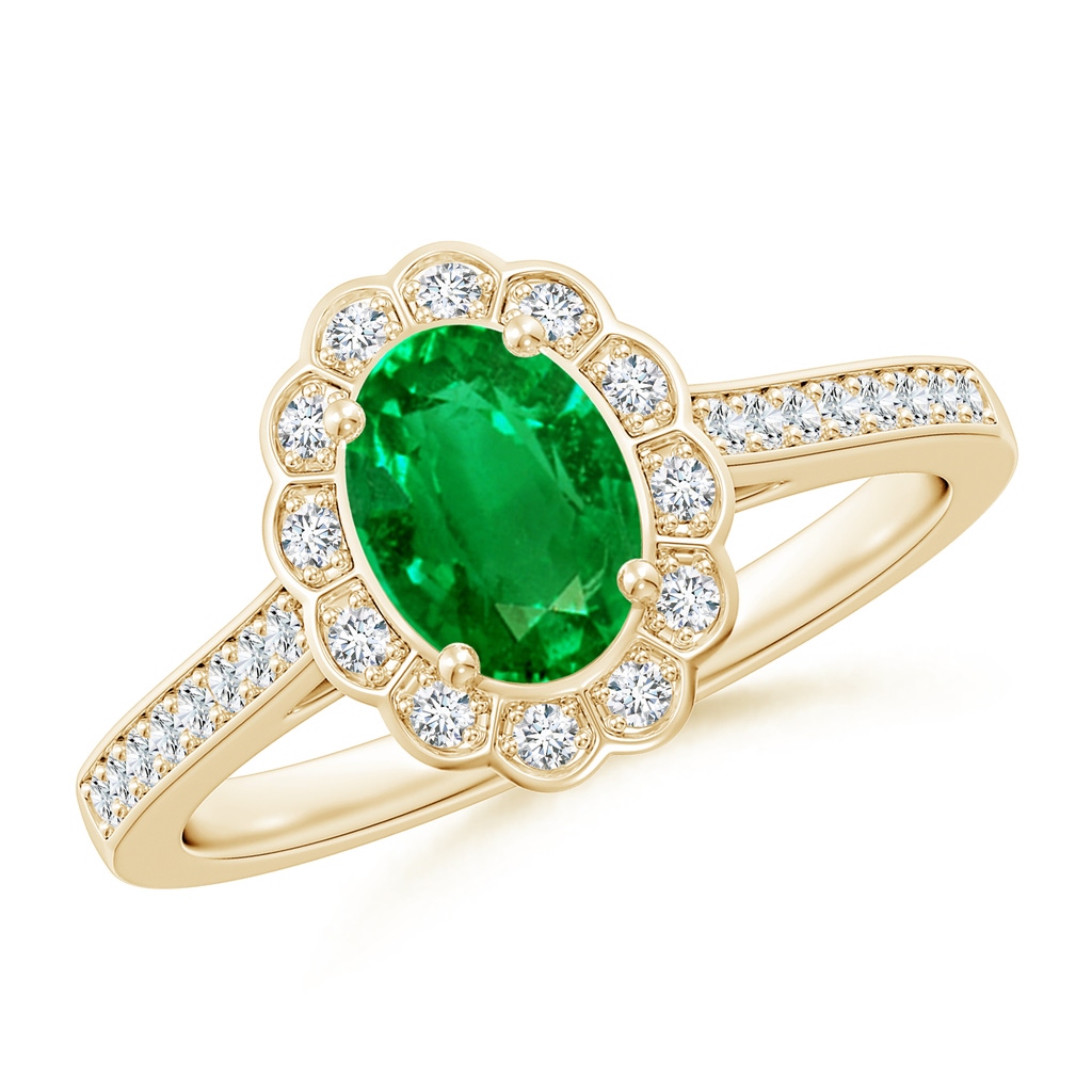 7x5mm AAAA Vintage Style Emerald & Diamond Scalloped Halo Ring in Yellow Gold