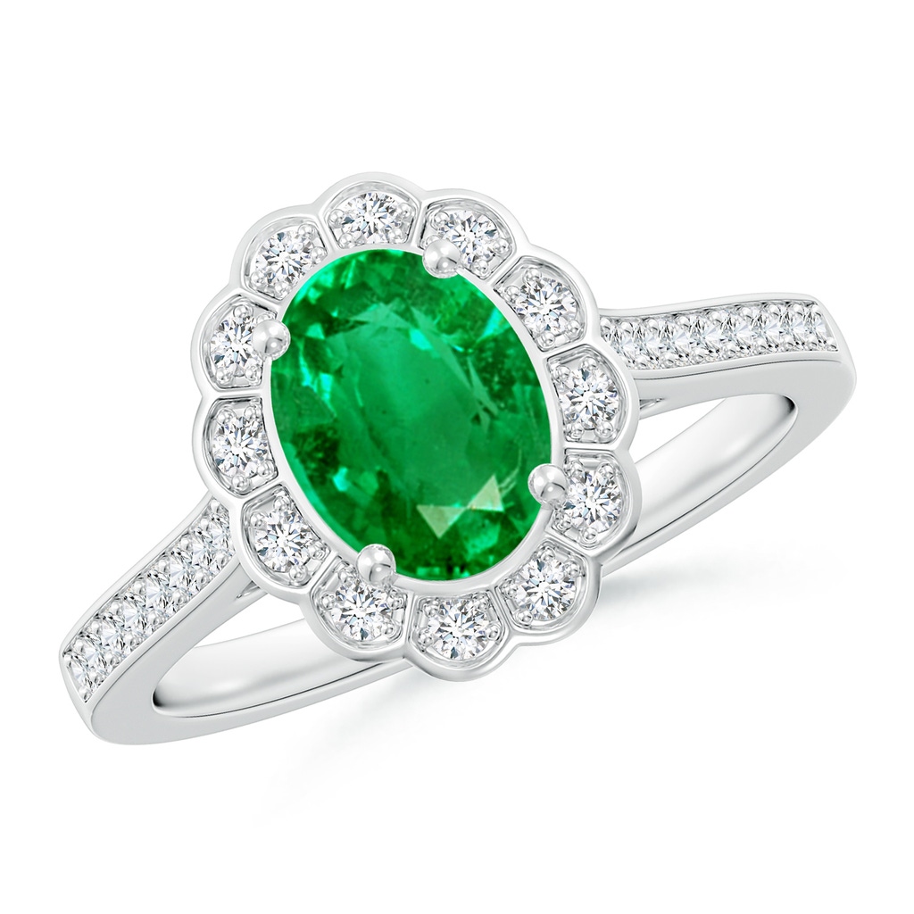 8x6mm AAA Vintage Style Emerald & Diamond Scalloped Halo Ring in White Gold