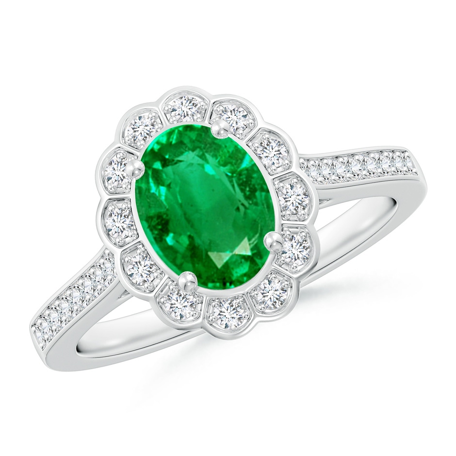 8x6mm AAA Vintage Style Emerald & Diamond Scalloped Halo Ring in White Gold 