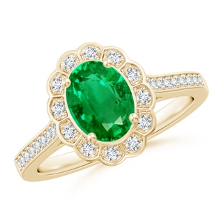 8x6mm AAA Vintage Style Emerald & Diamond Scalloped Halo Ring in Yellow Gold