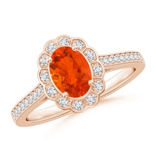 7x5mm AAA Vintage Style Fire Opal & Diamond Scalloped Halo Ring in 10K Rose Gold