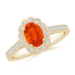 7x5mm AAA Vintage Style Fire Opal & Diamond Scalloped Halo Ring in Yellow Gold