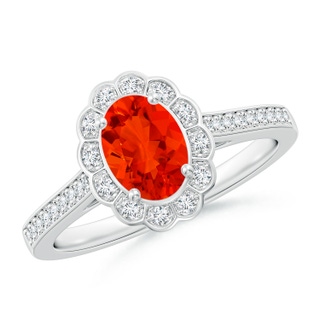 7x5mm AAAA Vintage Style Fire Opal & Diamond Scalloped Halo Ring in P950 Platinum