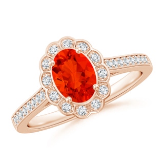 7x5mm AAAA Vintage Style Fire Opal & Diamond Scalloped Halo Ring in Rose Gold