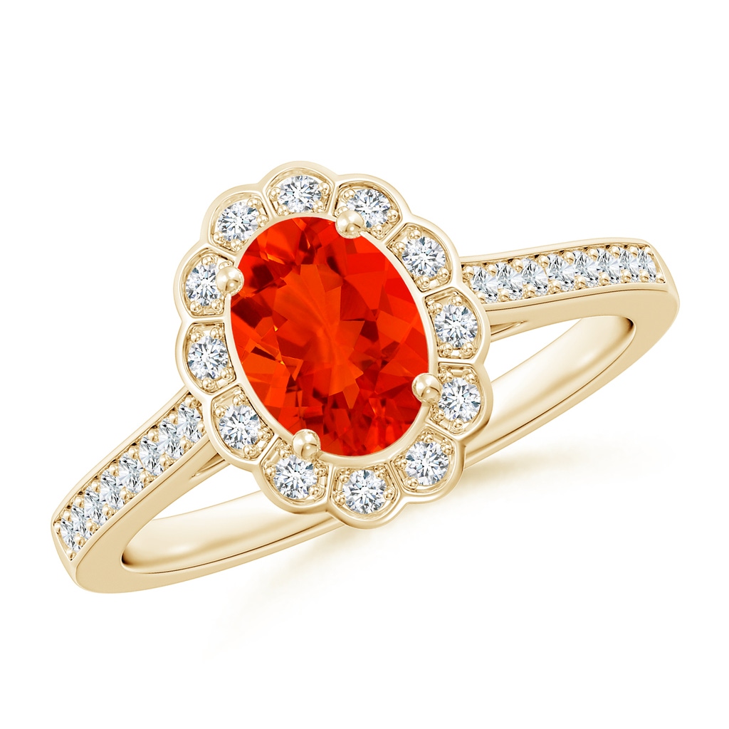 7x5mm AAAA Vintage Style Fire Opal & Diamond Scalloped Halo Ring in Yellow Gold